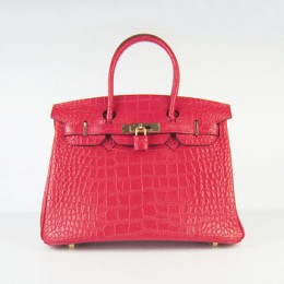 Hermes Birkin 30Cm Crocodile Stripe Handbags Red Gold